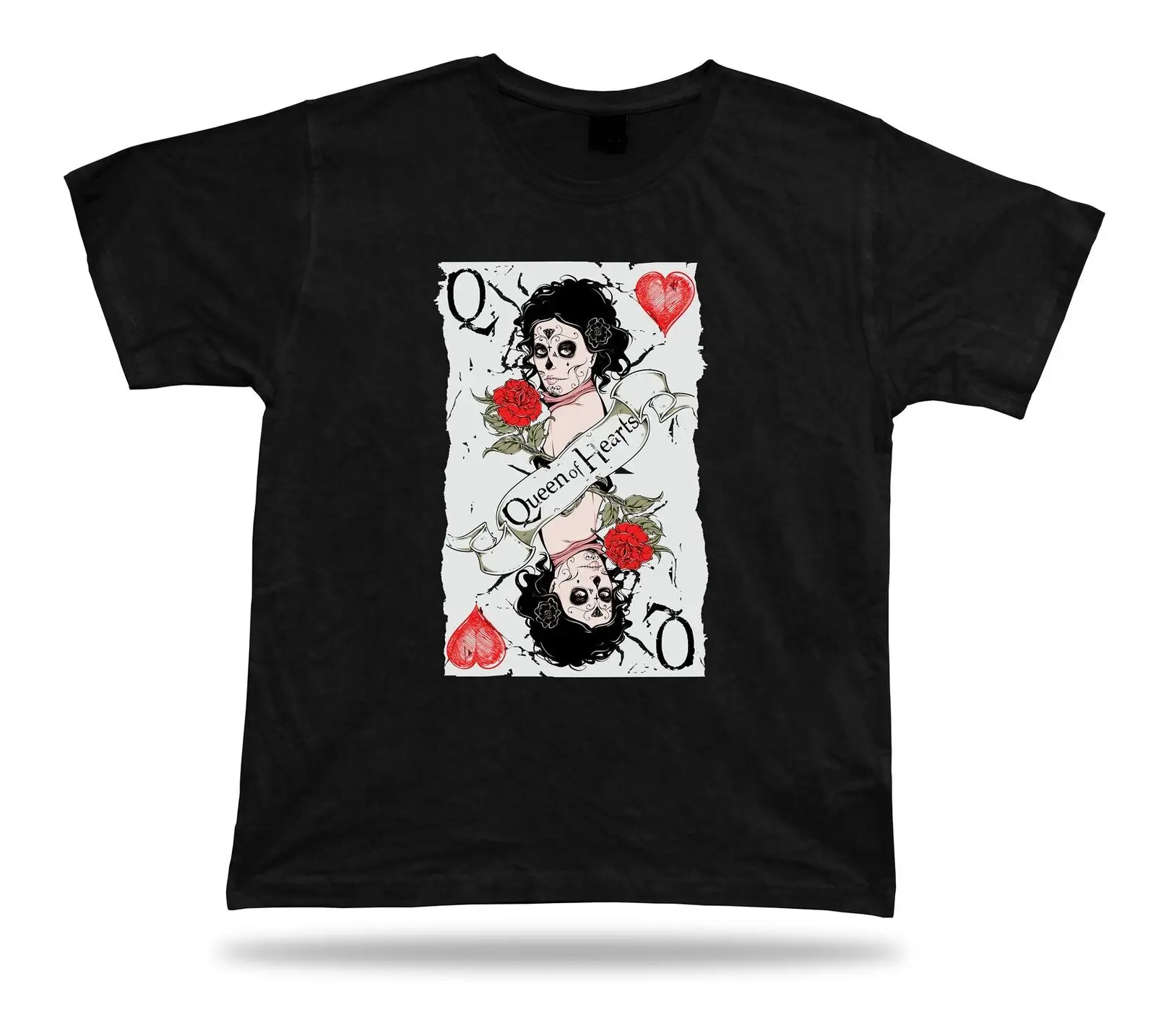 Tshirt Tee Shirt Birthday Gift Idea Queen of Hearts Skull Makeup Card Poker Rose