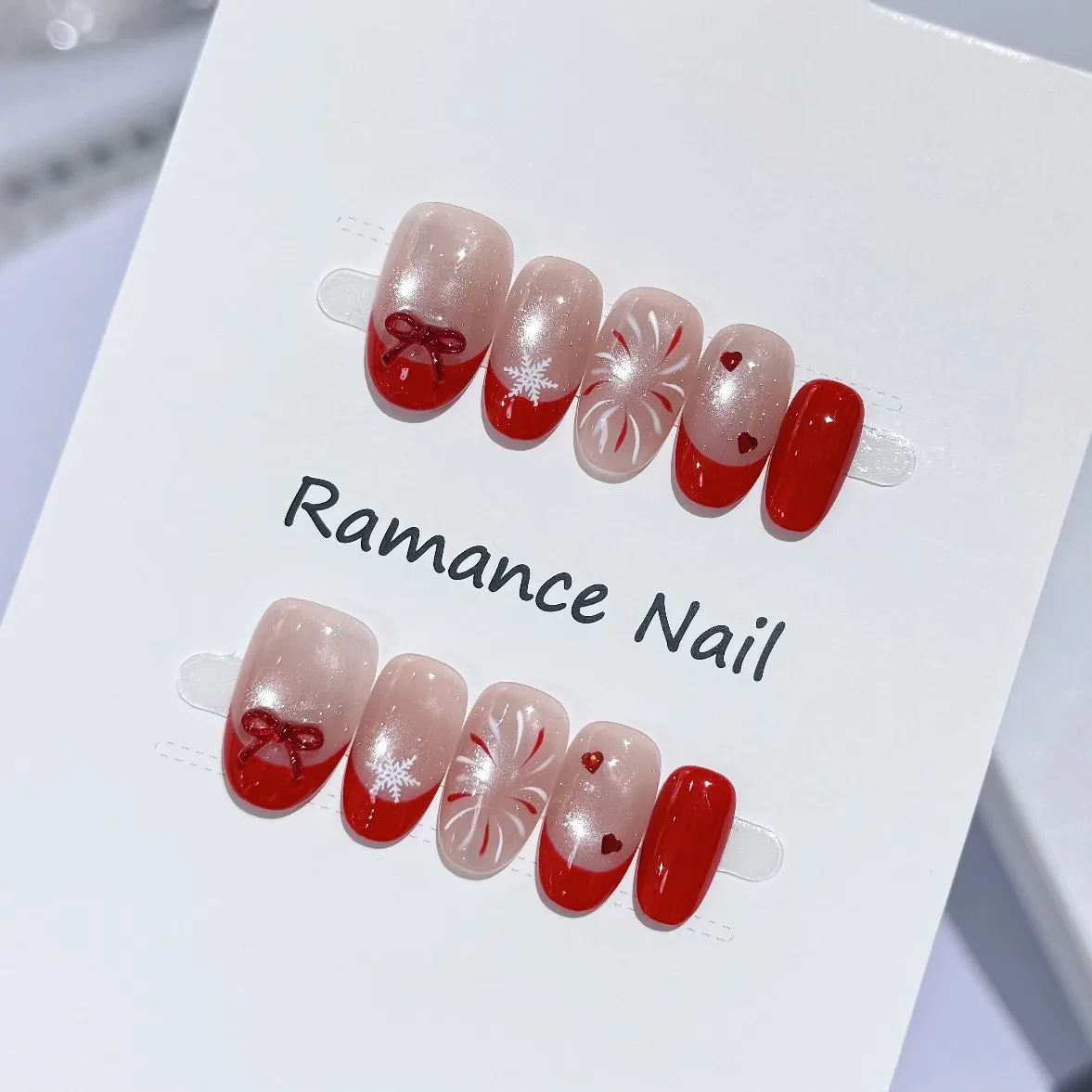 10 Stück handgemachte rote französische Nägel zum Aufdrücken, Weihnachten, Katzenauge, künstliche Nägel, tragbar, europäischer Winter, Glitzer, Diamant-Dekor, künstliche Nägel