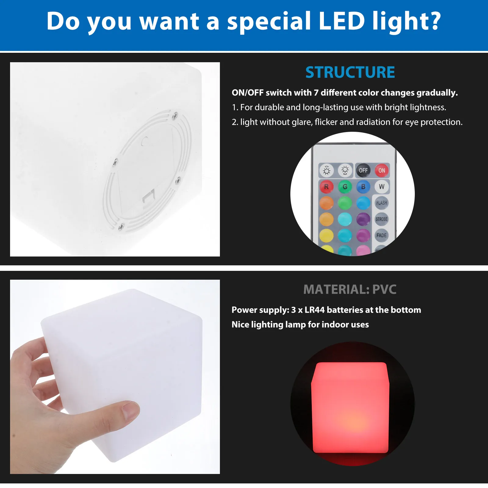 Multi-Color LED Cube Night Light, Cordless Battery-Operated Soft Glow for Eye Protection