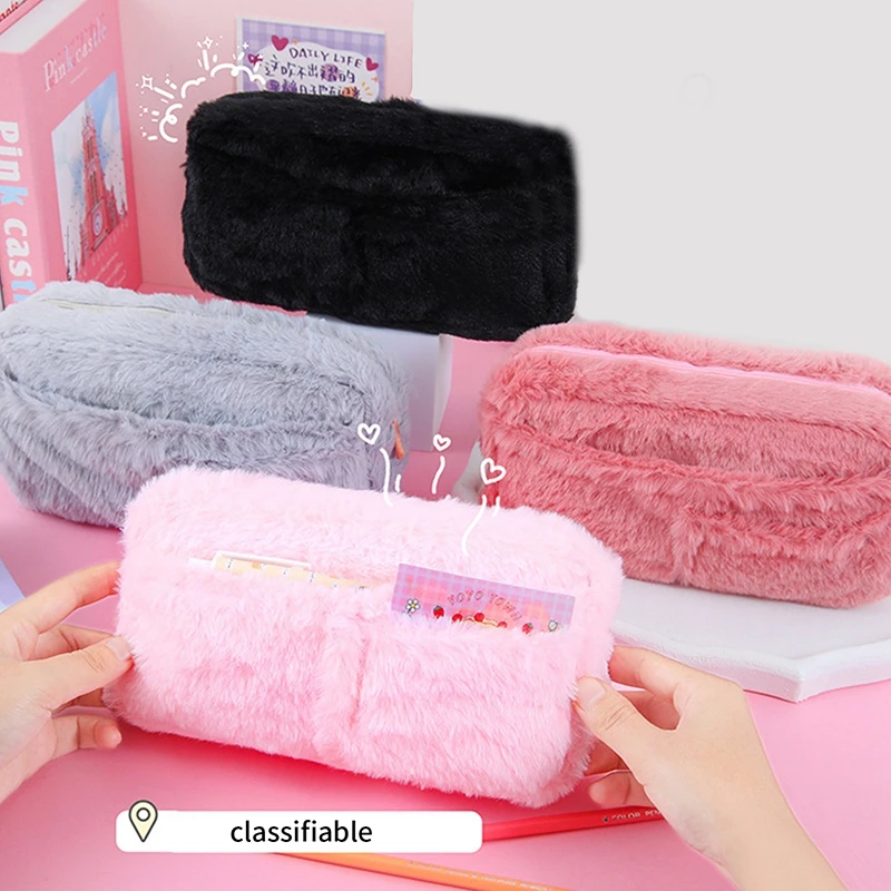 Borsa portapenne in peluche per ragazze cancelleria Kawaii grande capacità 3 tasche astuccio portapenne astuccio per cosmetici