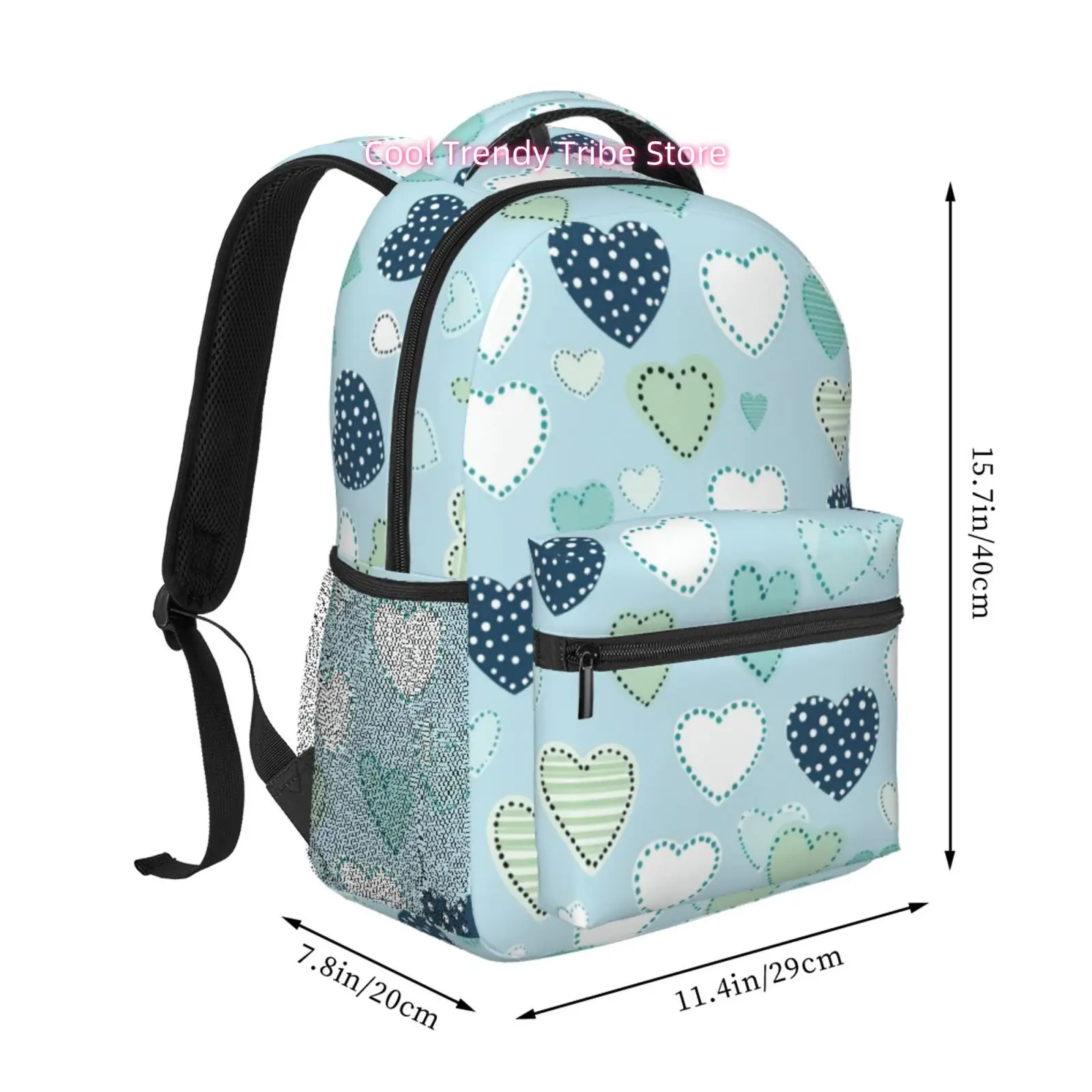 Mint Green Polka Dot Hearts Print Backpack, Oxford Cloth Casual Daypack, Adjustable Straps, for Fresh And Sweet Style
