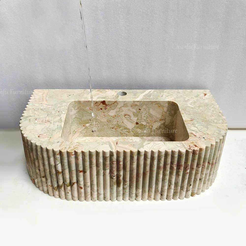 Modern Fluted Natural Marble Counter Vessel Sink Custom Hand Carved Eco-Friendly Easy Clean Pink Green Stone Wash Basin Drainer