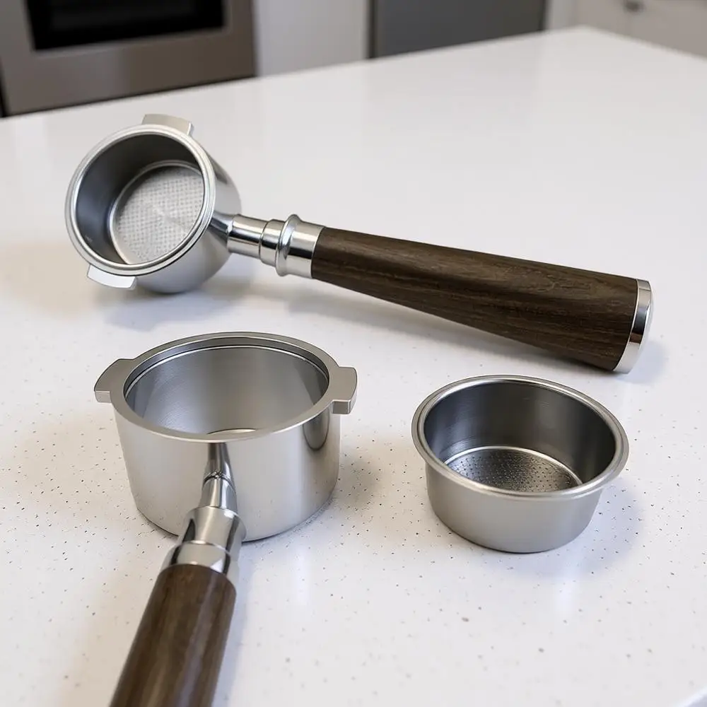 

51mm 2-Ear Bottomless Portafilter with Walnut Handle & Double Shot Filter Basket