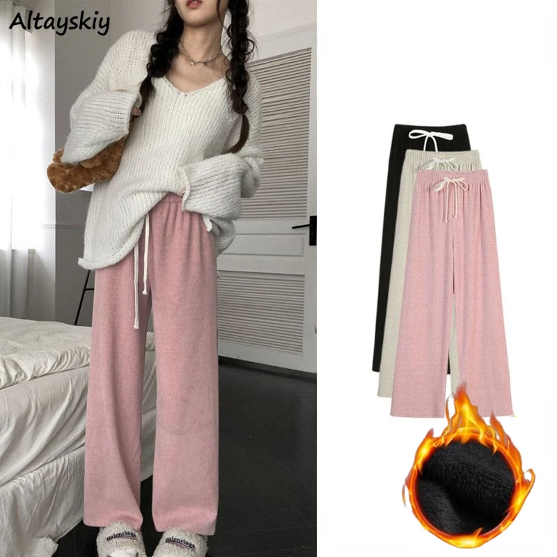 

Plus Velvet Casual Pants Women Gentle Baggy Warm Soft Streetwear High Waist Classic Full-length Trousers Ulzzang Autumn Winter