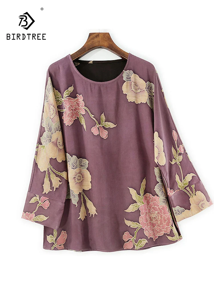 

Элегантная футболка BirdTree-60 мм из шелковой водяной марли, с цветочным принтом и круглым вырезом, женский двусторонний свободный топ с темпераментом, осень 2023, T5N265CC