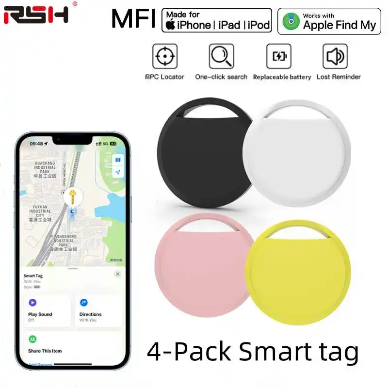 

4-Pack Smart Air Tag GPS Global Tracker Works with Apple Find My Anti Lost Reminder Device For Car Key Pet Bag MFI Rated Locator