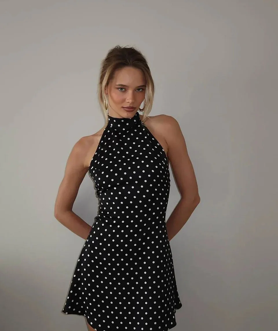 Sexy Neckholder-Kleid mit Polka-Dot-Print für Damen, elegantes Partykleid, schmal geschnitten, rückenfrei, ärmellos, Minikleid, Sommer-Urlaubsoutfits – Detail 4