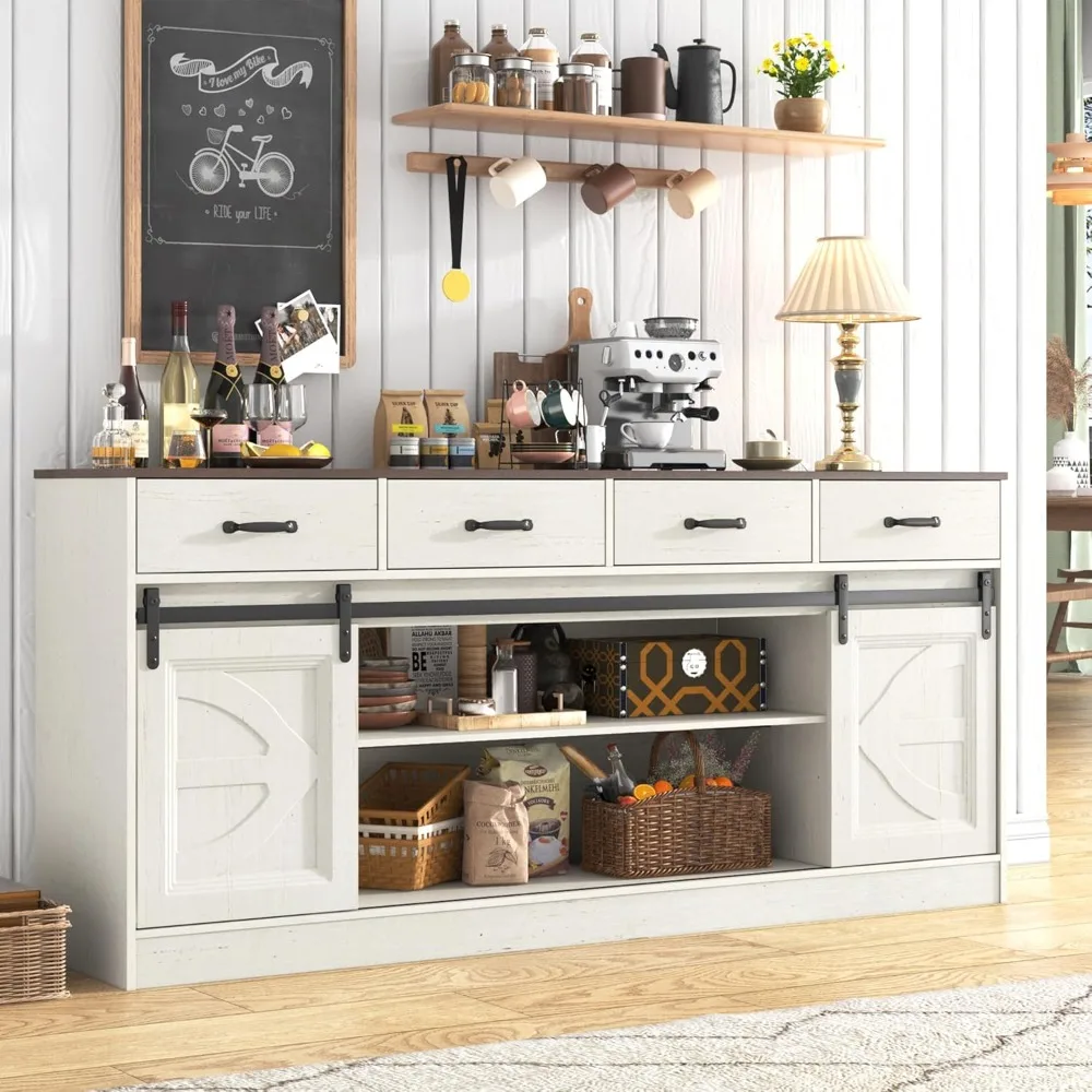 

"Farmhouse Style Large Buffet Cabinet with 4 Drawers and Coffee Bar Storage for Kitchen"