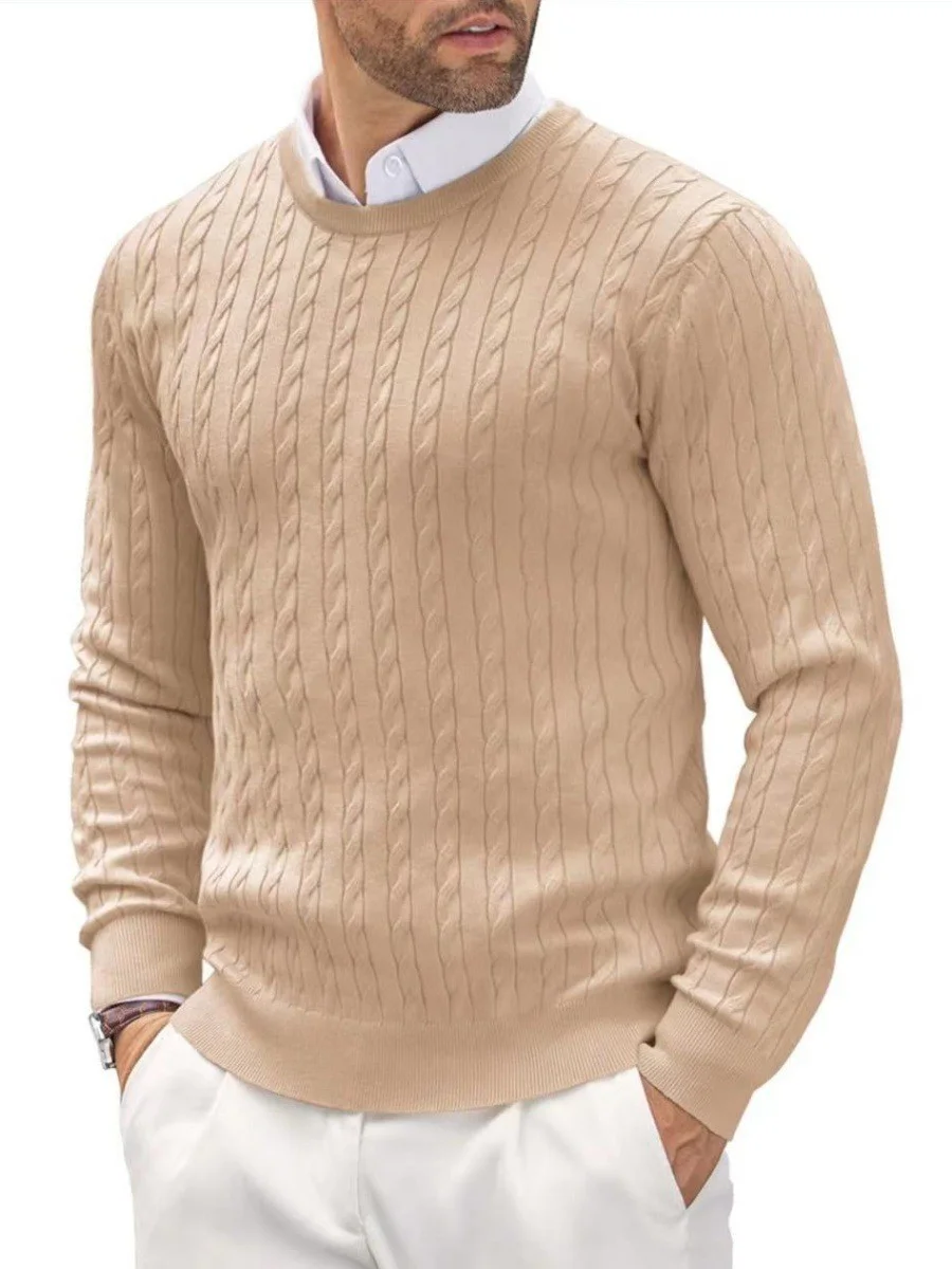 Men's Autumn/Winter New Arrival Round-Neck Knit Sweater Slim Fit Long Sleeve Twisted Flower Solid Color Simple Knit T-Shirt