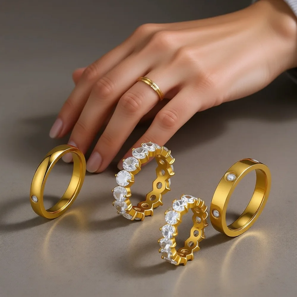 

Набор из 3 золотых колец, 18-каратное покрытие, нержавеющая сталь, кубический цирконий, водонепроницаемые, не тускнеющие, минималистичные украшения, подарок