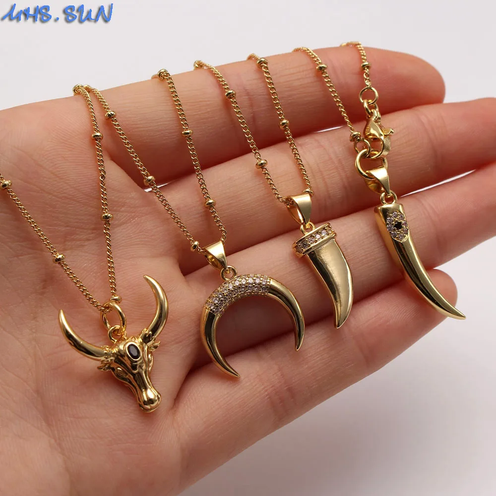 MHS.SUN Fashion Design Horns/Moon Pendant Necklaces Cubic Zircon Gold Plated Choker Chain Statement Jewelry For Woman Men