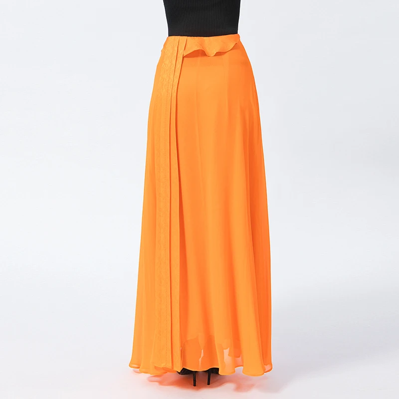 Silk Georgette Marigold Orange Natural Waist Jacquard Bright Fold Youthful Vitality Summer Elegant Long Skirts Womens CE108