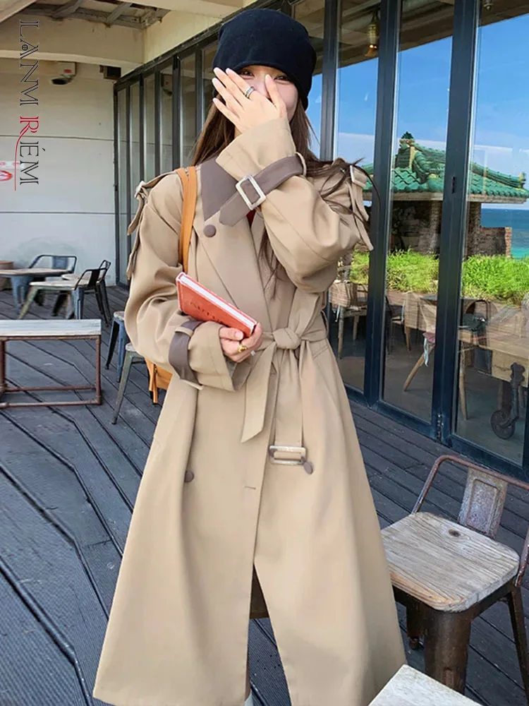 

LANMREM Korean Casual Trench Women's Lapel Contrast Color Belt Gathered Waist Double Breasted Coats 2024 Autumn New 2Z2670