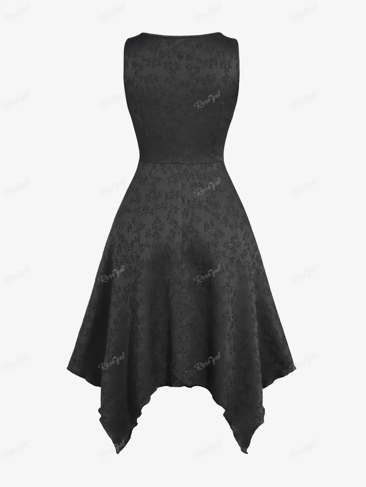 ROSEGAL Plus Size Gothic Dresses Black Vestidos Floral Jacquard Embroidered PU Straps Grommet Buckle Lace Up Handkerchief Dress