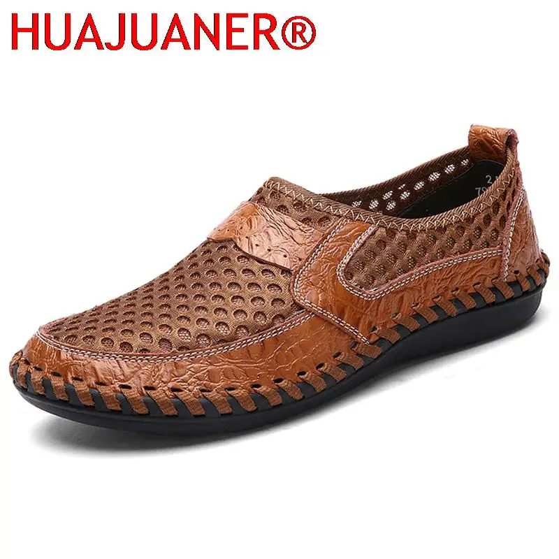 

Мужская повседневная обувь высокого качества, кожаные сандалии, сетчатые лоферы, уличная пляжная обувь, кроссовки ручной работы на плоской подошве больших размеров, размер 38-50