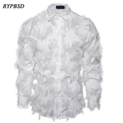 Sexy Feather White Shirt Men 2024 Fashion Transparent Long Sleeve Dress Shirts Men Gothic Party Nightclub Singer Stage Costume