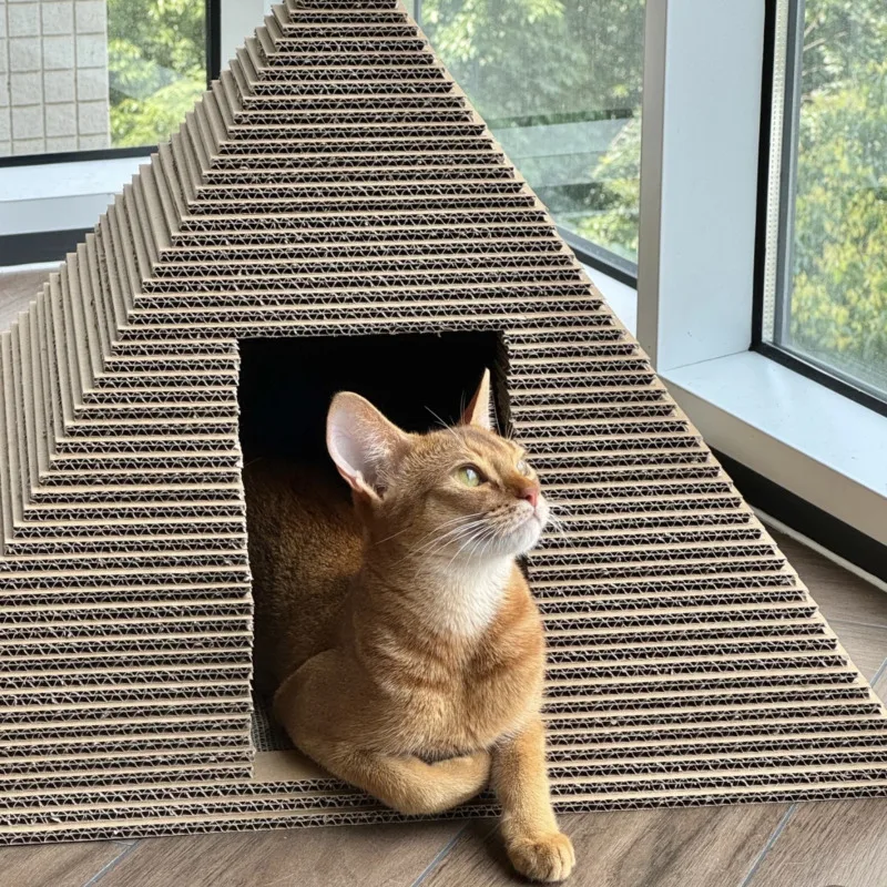 Pyramid-Shaped 2-in-1 Cat House with Scratching Post, High-Density Corrugated Cardboard, Toys, and S