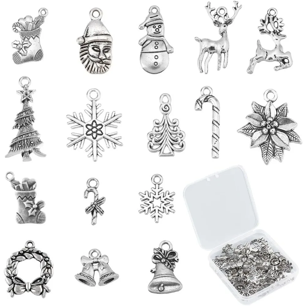 1 Box 64Pcs 16 Style Christmas Charms Reindeer Charms Santa Claus Pendants Snowflake Charm for Jewelry Making Candy Cane Charms