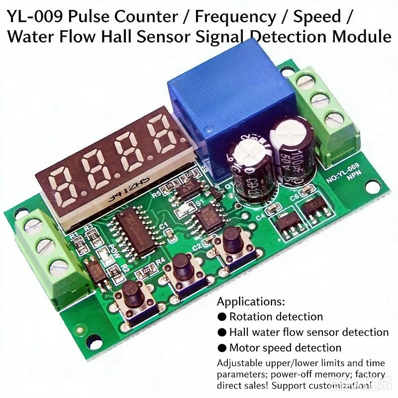 2pcsYL-009 Pulse Counter Module, Pulse Frequency Motor Speed Hall Water Flow Sensor Relay Output DC5V/12V/24V