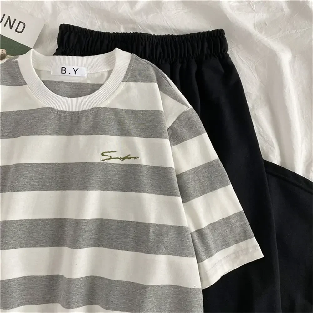 Summer Women Sets Striped T-shirts Loose Cropped Tops Black Exercise Trousers Basics Stylish Korean Fashion Workout Homewear