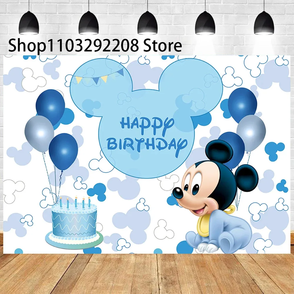 ﻿ Cartoon Blue Baby Mickey Minnie Mouse Theme Children Happy Birthday Background Baby Shower Gender Revealing Photography Banner