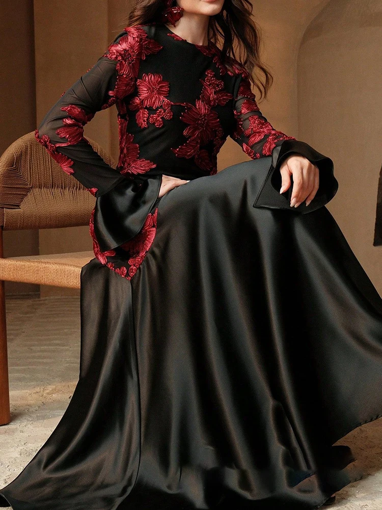 기품 있는 하이웨이스트 드레스 빈티지 O넥 자수 스플라이스 새틴 이브닝 드레스 우아한 플레어 슬리브 여성 플리츠 드레스