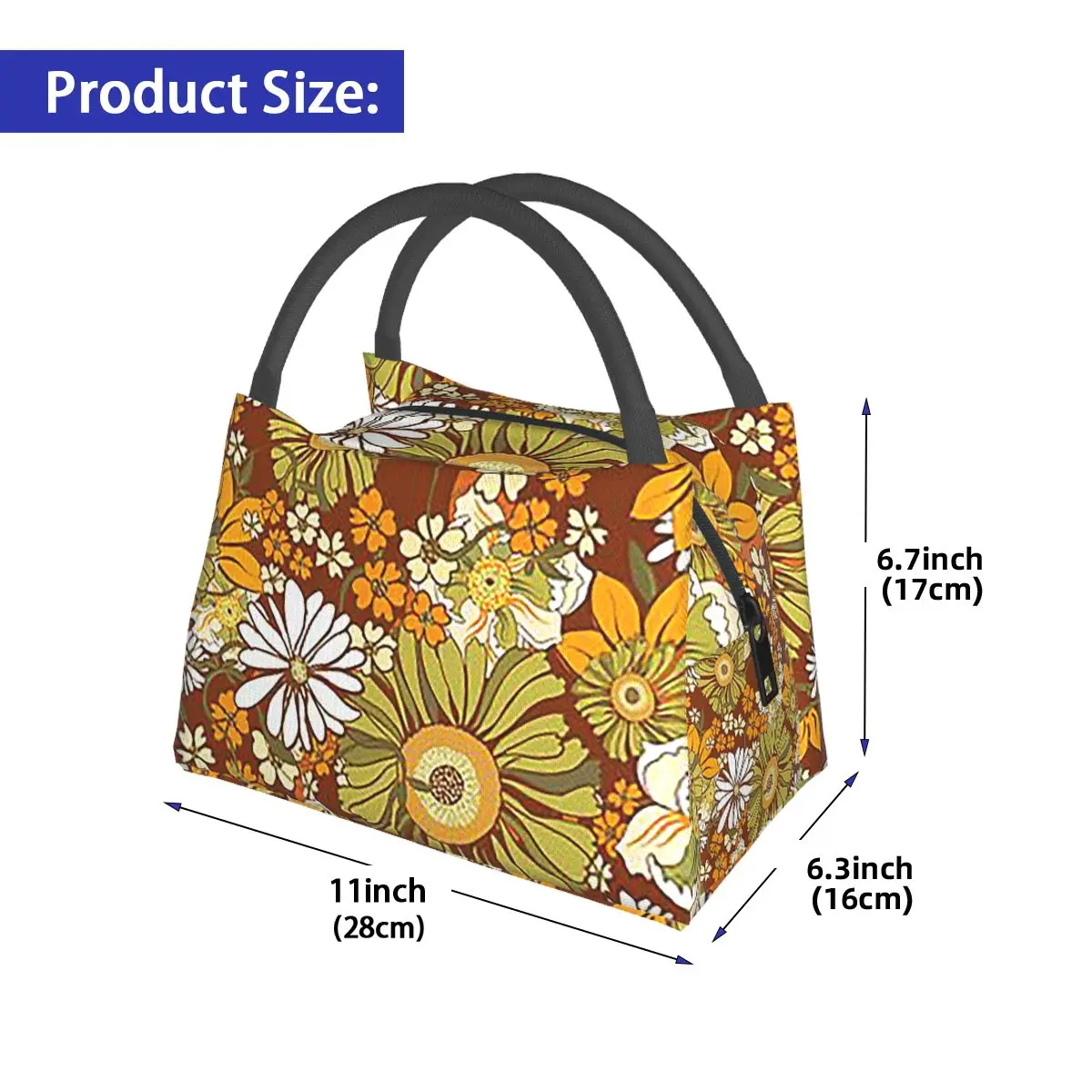 70s Retro Vintage Flower Power Pattern Boho Insulated Lunch Bag for School Picnic Storage Food Boxes Portable Thermal Lunch Box