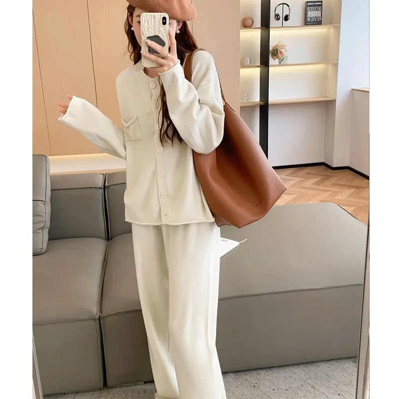 

Casual Loose O-Neck Full Sleeve Single breasted Solid Knitted Cardigan+Elastic Waist Pants 2-piece Suit Autumn/Winter Women Sets