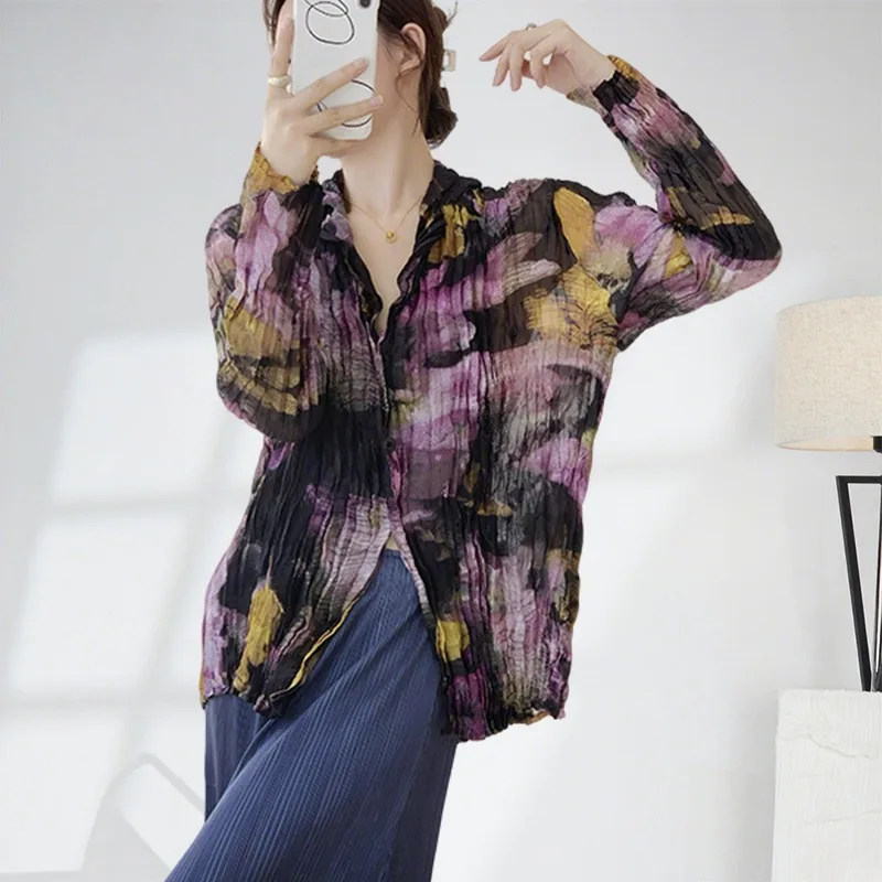 

Miyake Pleated Summer Light Shirt Women's Tie-dye Thin Long-sleeved Jacket Temperament Commuting Sunscreen Blouse T-shirt