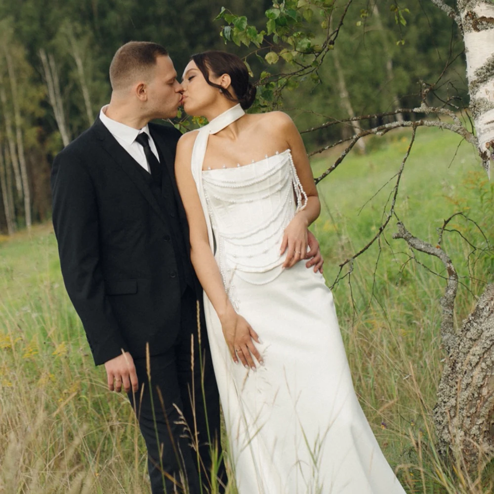 Strapless Two Pieces Satin Bridal Gowns Customized Pearls Chain Corset Top Sexy Ivory Neck Scarf Bodycon Fitted Wedding Dress