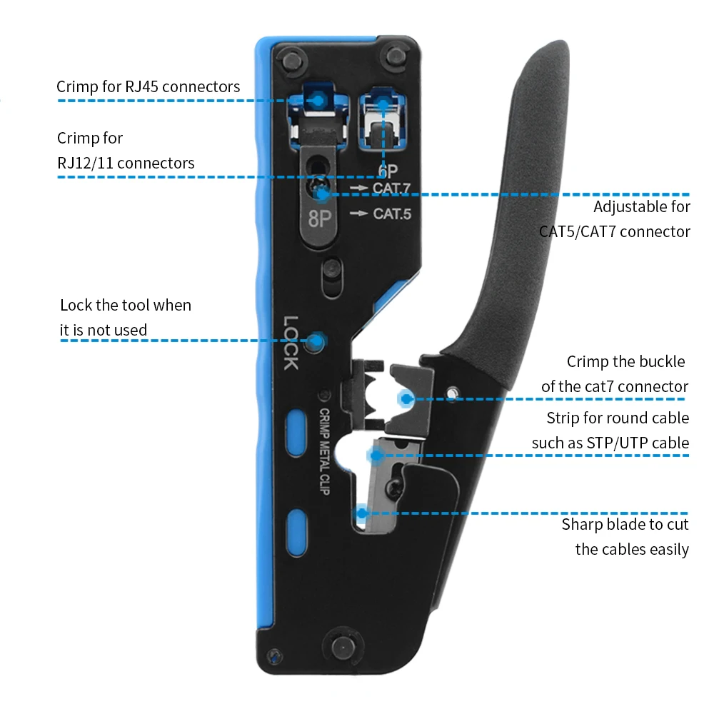 Cat7 Pass-Through RJ45 Crimp Tool, Multifunctional Network Crimper Pliers with Wire Stripper & Cutter, for Cat6 Cat5e RJ12 LAN C