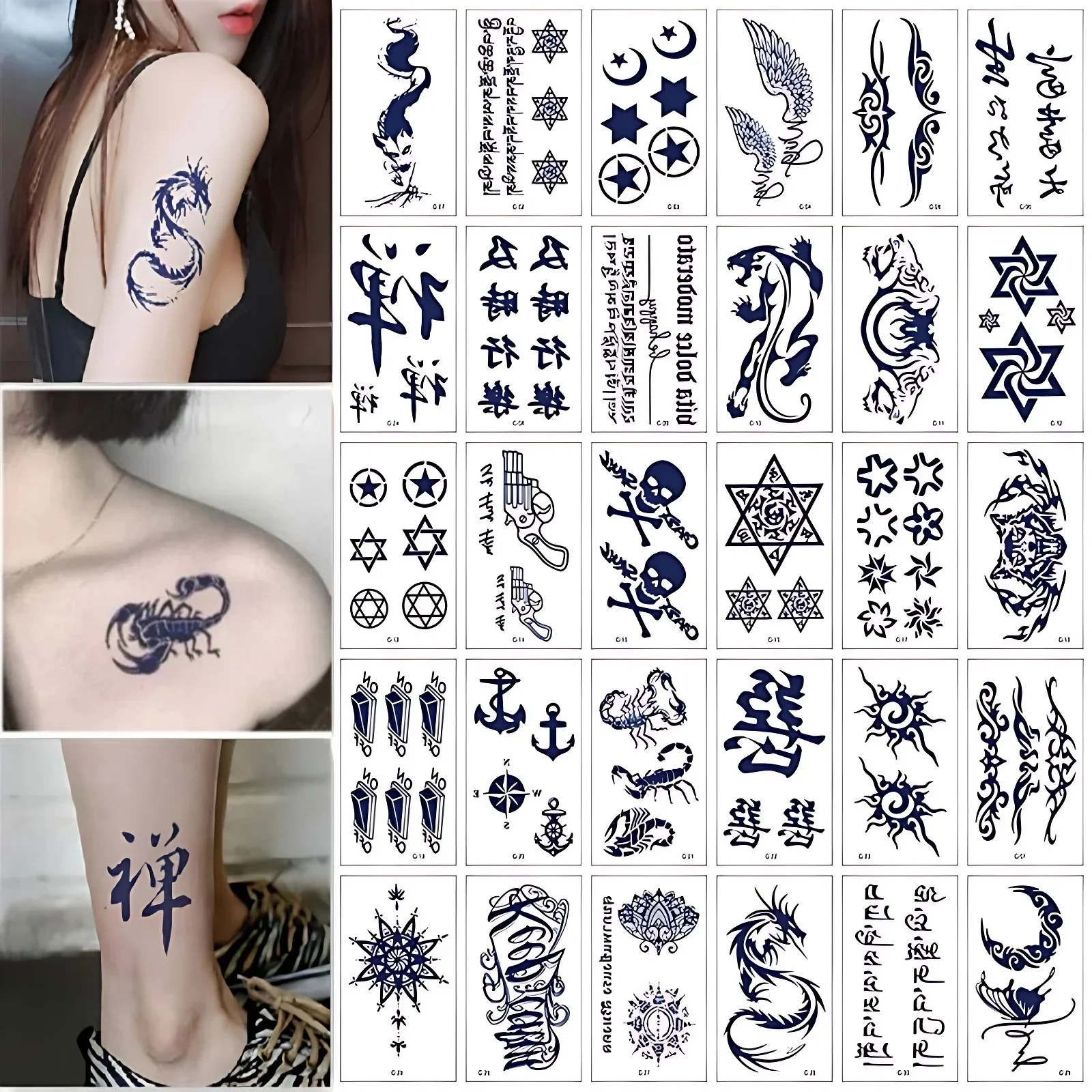 30pcs/pack Dark Blue Semi Permanent Fake Tattoo Totem Fox Chinese Letter Anchor Herbal Juice Tattoos Adhesive for Ladies Men