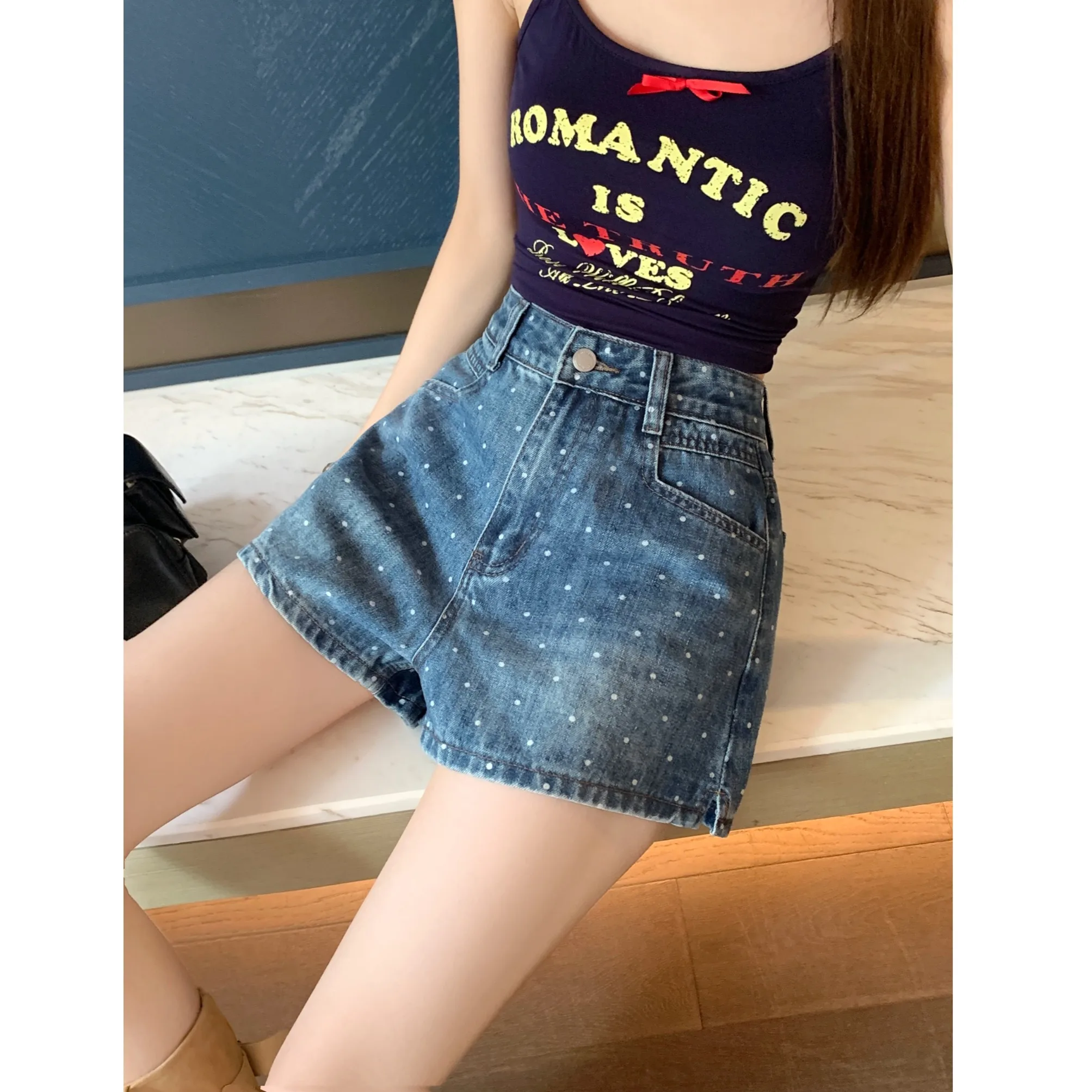 

High Waist Washed Denim A-Line Wide Leg Short Pants Women Summer Side Slit Slimming Trendy Casual Straight Tube Pants Shorts