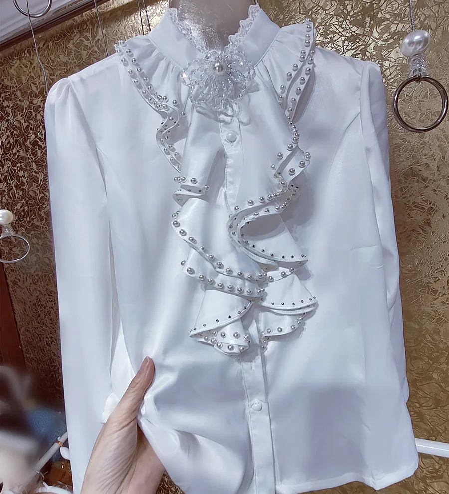 Camisas De Mujer kadınlar boncuklu Ruffles gömlek ve bluzlar kadınlar için 2024 bahar uzun kollu elbise tek göğüslü beyaz üstleri