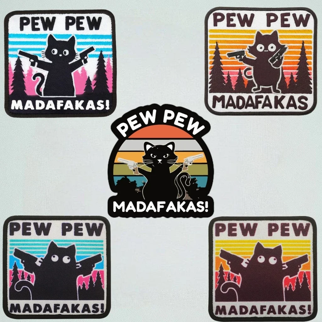 Pew Pew Madafakas Tactical Patch Fun Print Hook&Loop Patches Double Spear Black Cat Military Morale Badge Appliques for Clothing