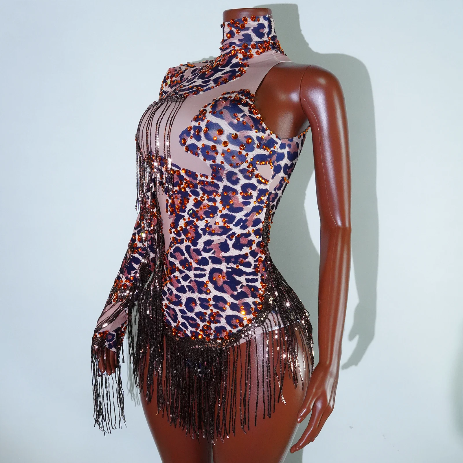 Sexy Skinny Trikot Sänger Tänzer Show Bühne Tragen Sparkly Leopard Strass Frauen Tanz Kostüm Fransen Eine Schulter Body