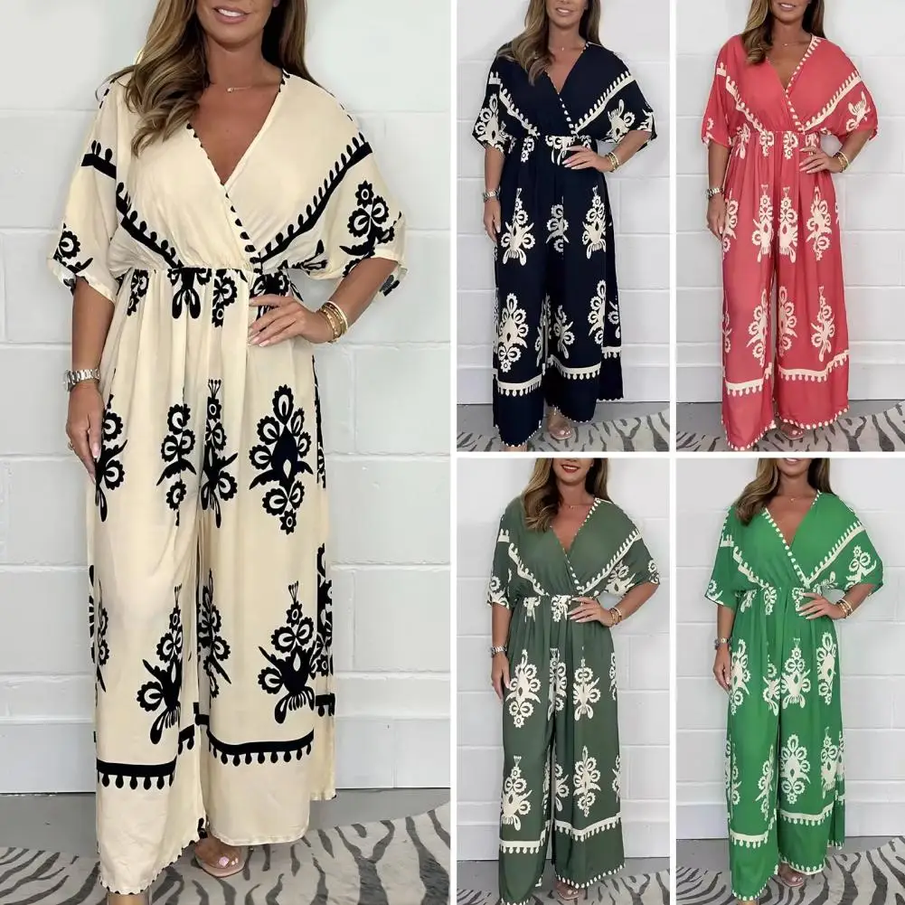 Retro Print Jumpsuit Bohemian Strand Lange Jumpsuit Stijlvolle Plus Size V-Hals Wijde Pijpen Zomer Dames Eendelig Geplooid Hoog