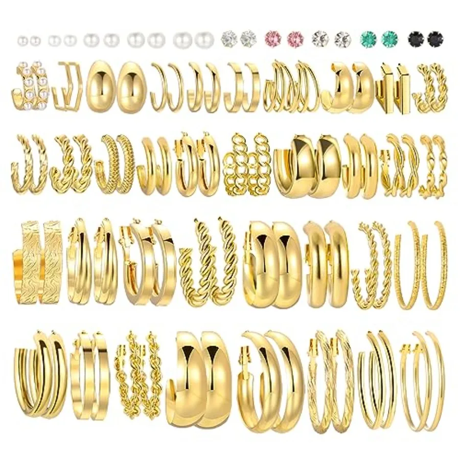 

46 Pairs Gold Hoop Earrings Set for Women, Fashion Hypoallergenic Chunky Twisted Pearl Stud Earrings Multipack, Small Big Hoops