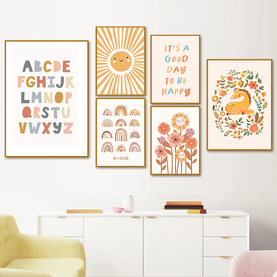 Boho Alphabet Lion Sun Rainbow Flowers Nursery Wall Art Canvas Painting Nordic Posters And Prints Wall Pictures Kids Room Decor