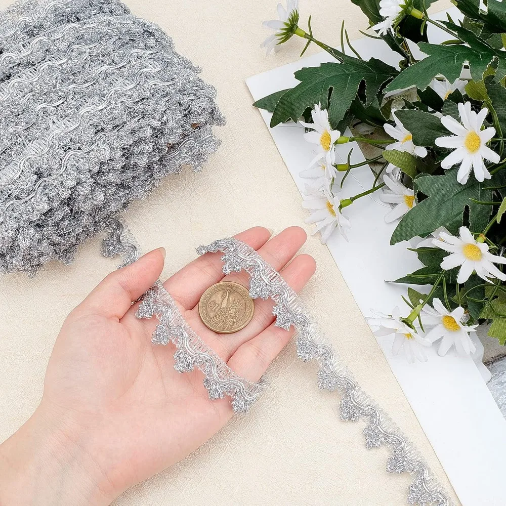 20 Yards Metallic Braid Lace Trim Silver Flower Pattern Lace Ribbon Decorated Gimp Fringe Trim Tassel for DIY Jewelry
