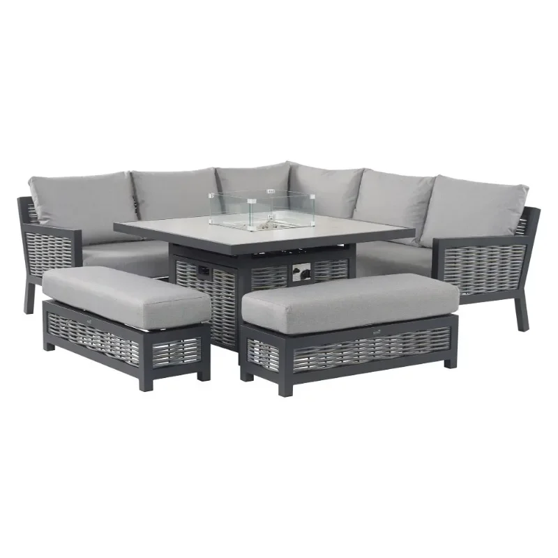 Set Sofa teras taman, furnitur luar ruangan rotan Aluminium santai semua cuaca, 4 potong, tahan air dengan lubang api