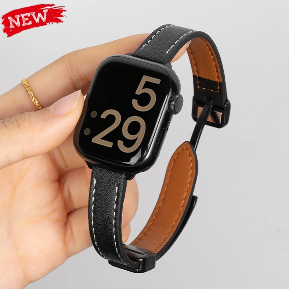 Schlankes magnetisches Lederarmband für Apple Watch 11, 42/46 mm, SE3, 44/40 mm, 9, 8, 7, 41/45 mm, Armband für Iwatch Series 10 Band