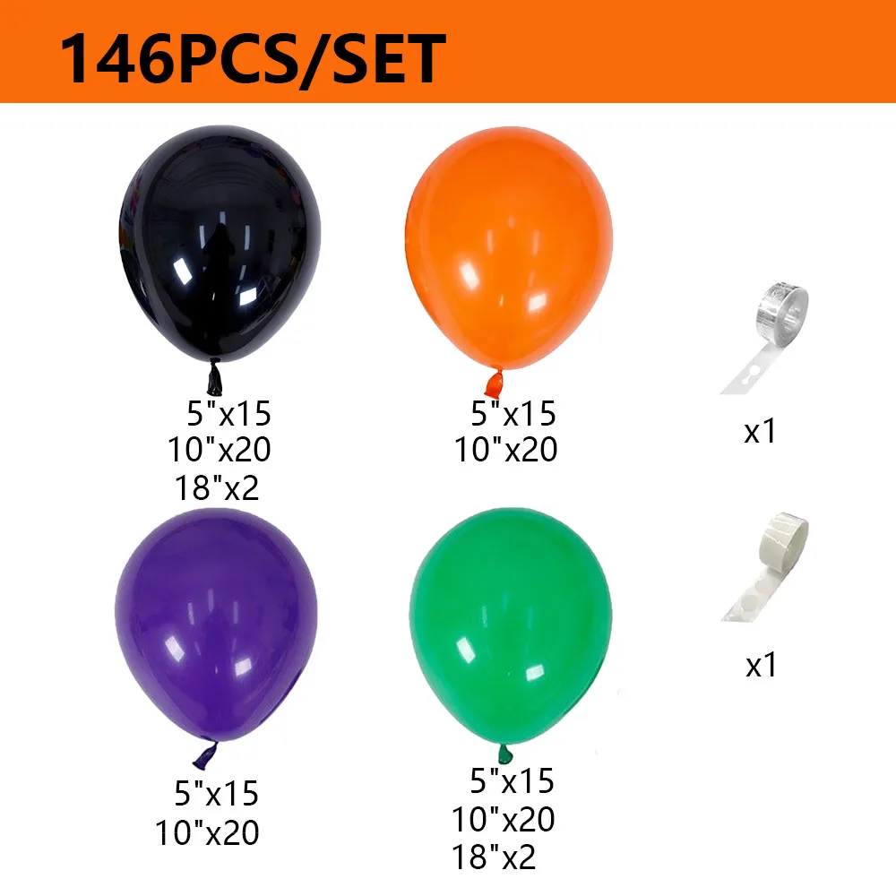 146pcs Halloween Balloon Garland Arch Kit Black Orange Green Purple Balloons for Halloween Party Decoration Supplies