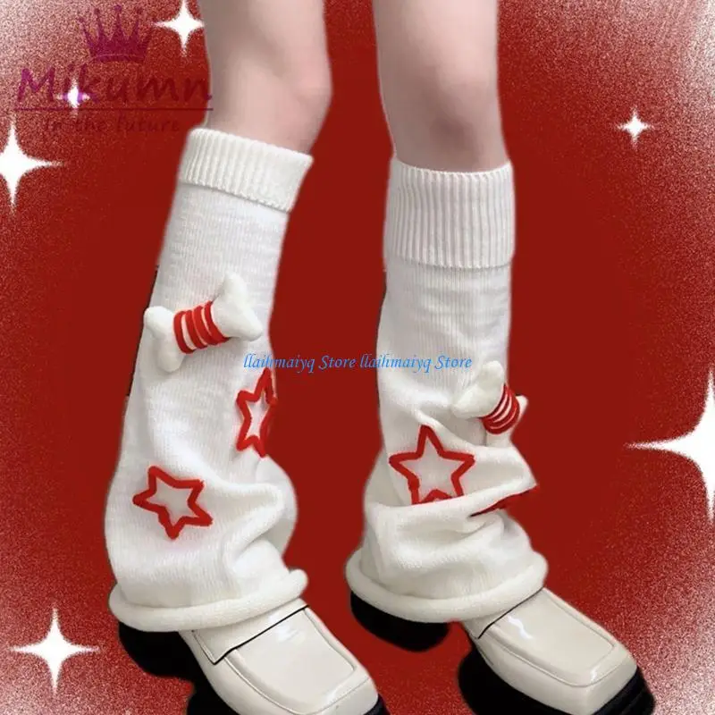 

573B Small Bone Decor Leg Warmers Star Knitted Women Flared Knee High Socks
