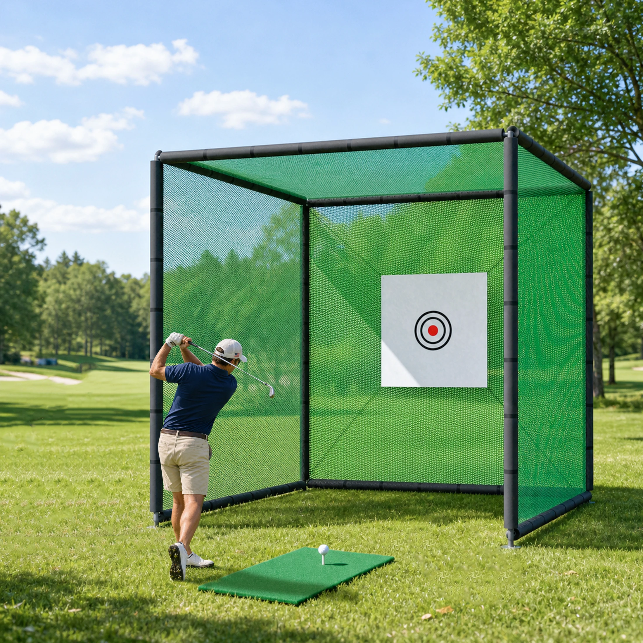 Filet d'entraînement de golf 300x300x300cm pour usage intérieur et extérieur, cadre en acier thermolaqué robuste, filet de frappe renforcé sans nœuds avec cible, tapis d'entraînement et tee en caoutchouc, ensemble d'accessoires complet pour jardin, garage, parc