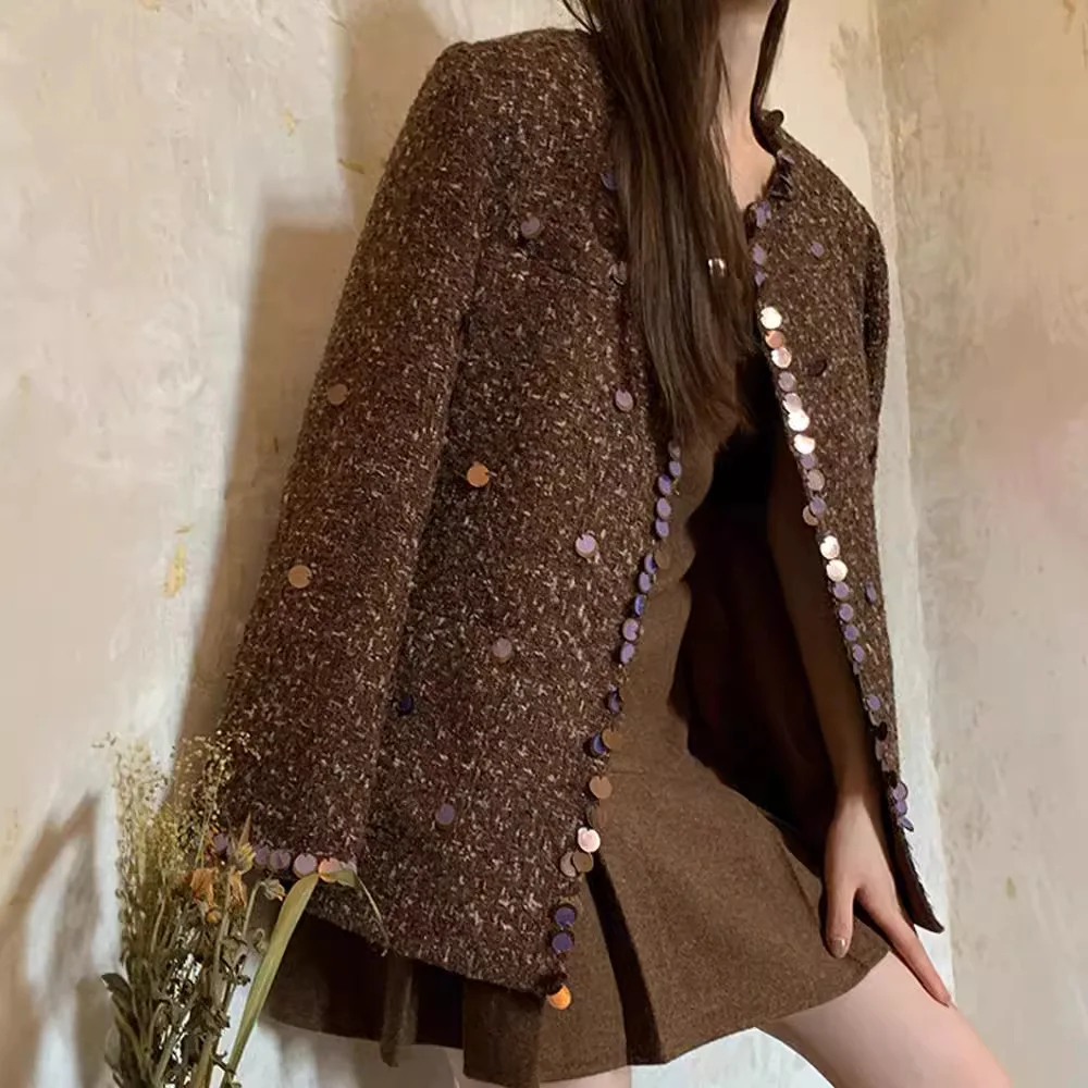 

Elegant round Neck Knitted Woolen Suit Jacket Women's Fashion Bright Thread Thickened Cardigan Spring 2026 New Arrival