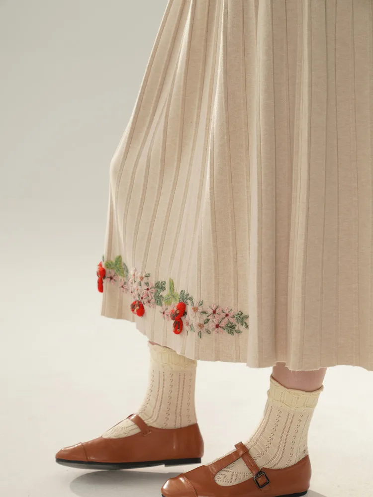 65-92cmWaist FallWinter Knitted Wool Skirts Women Korean Fashion Elegant Embroidery Crochet Red Fruit  Alpaca Wool Pleated Skirt