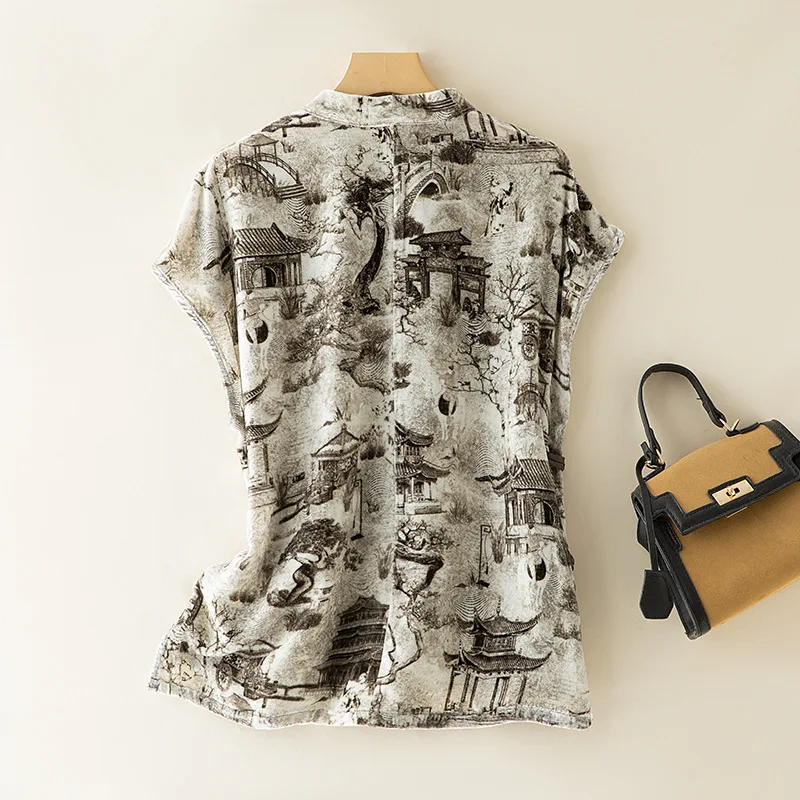 Winsleter-Bottom Elegantes Samthemd aus 100 % Seide, Damen-Stand-Kurzarm-Druck, Retro-Pendelbluse, Herbstneuheit 2025, T58237CC