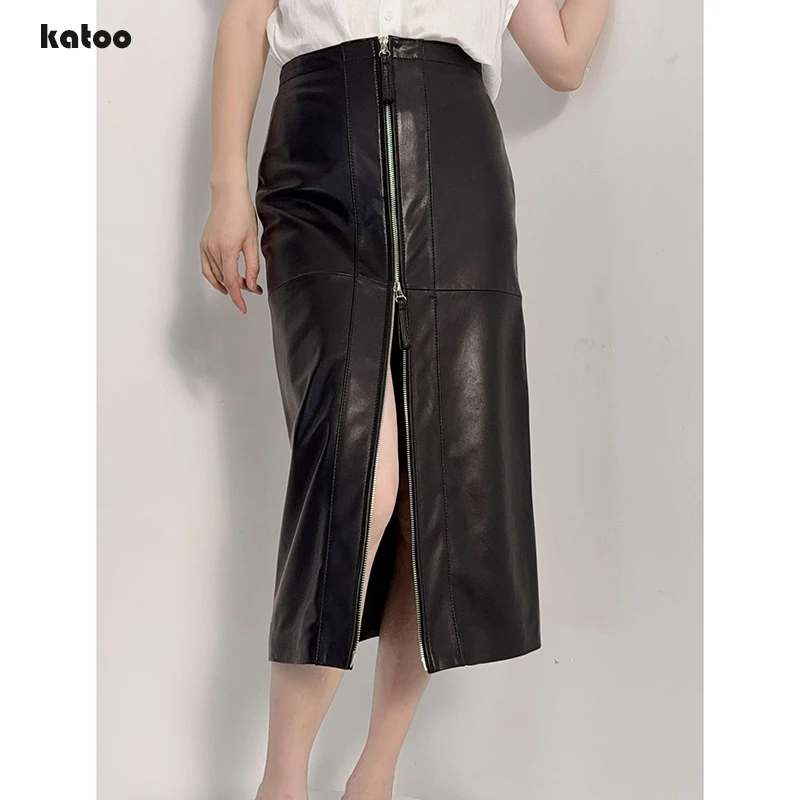 Autumn Women Sheepskin Midi Skirt Real Suede Leather Skirts Front Double Zipper Split High Waist Vintage Luxury Pencil Skirt