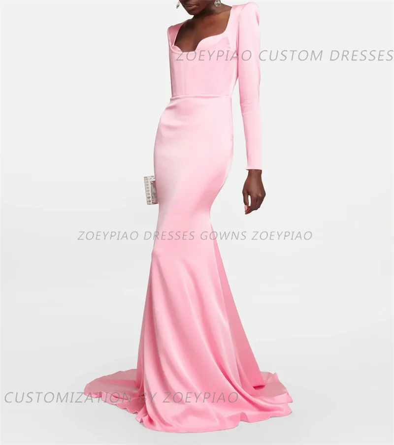 Simple Pink Mermaid Evening Dress Gown Satin Long Sleeves Custom Sweetheart  Floor Length Women Draped Formal Event Dress Gowns